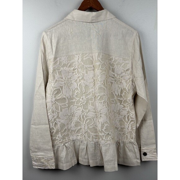 Simply Noelle Jacket Women S/M 8-10 Beige Linen Lace Ruffle Hem Rivet Button - Picture 3 of 13